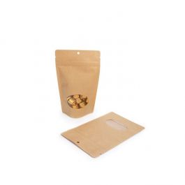 Stand Up Pouches Kraft with oval Window 13x7x20.5cm | 113 grams with hang hole (100 pieces) [ZBGO3KH]